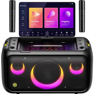 Tragbares Karaoke-System mit Bildschirm, zwei Mikrofonen und Lautsprecher mit leuchtend farbiger LED-Beleuchtung auf der Vorderseite.