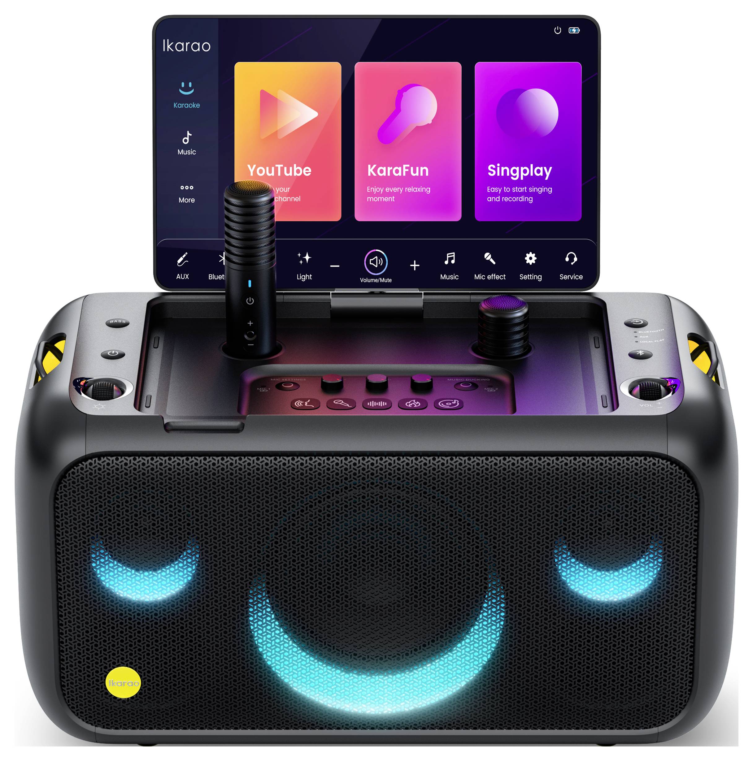 Tragbare Karaoke-Maschine mit eingebauter Lautsprecher und digitalem Bildschirm, der Karaoke-Apps zeigt. Zwei Mikrofone sind enthalten.