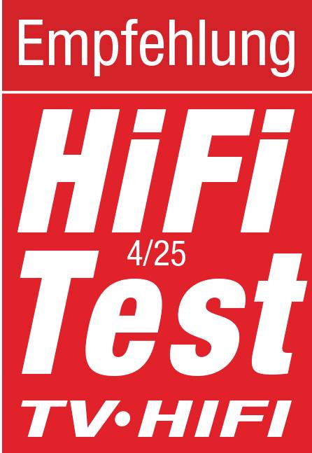 'Empfehlung HiFi Test 4/25 TV • HiFi' auf rotem Hintergrund.