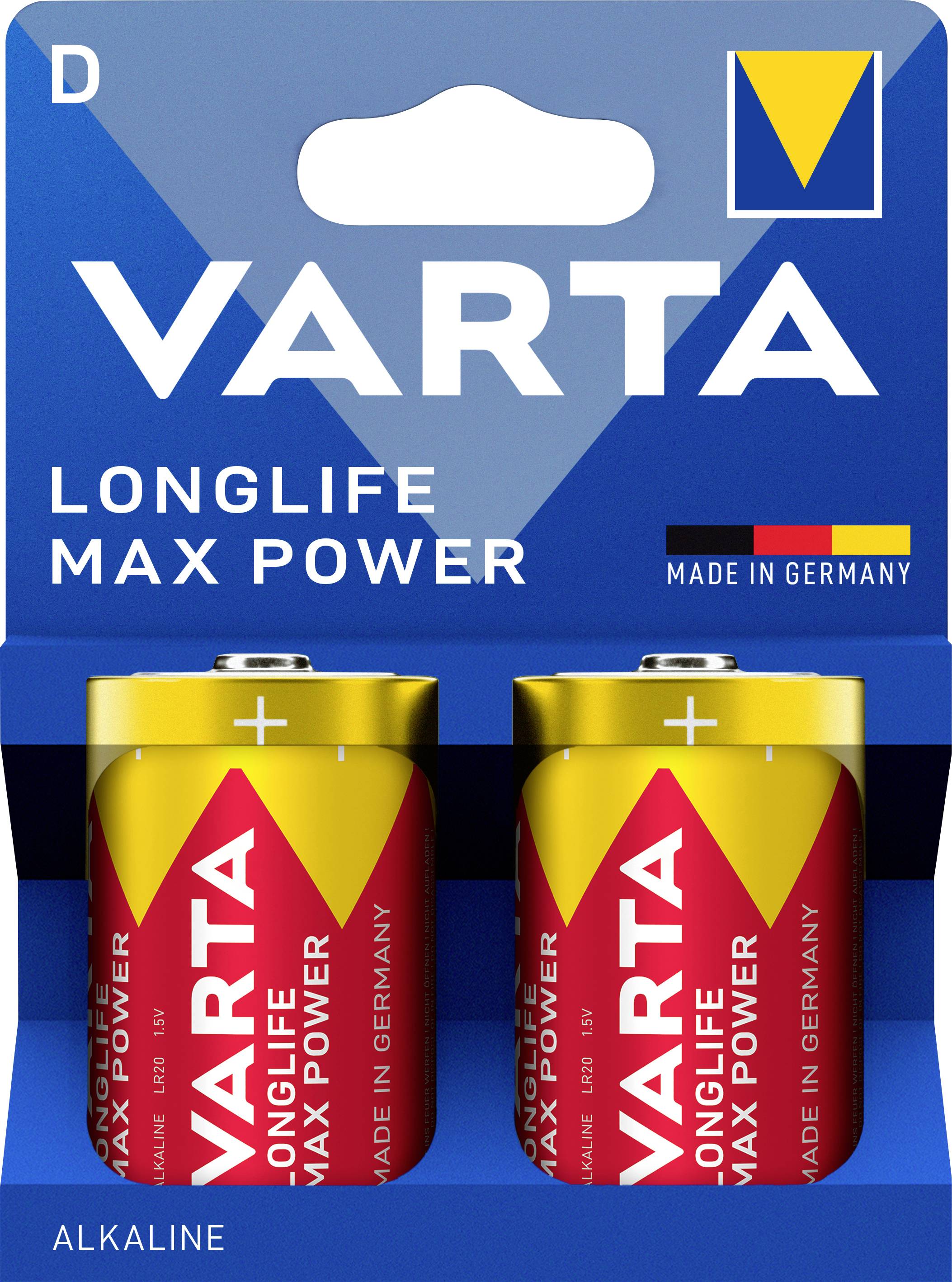 Zwei Varta-Batterien vom Typ D "Longlife Max Power" in gelb-roter Verpackung mit der Aufschrift "Made in Germany".