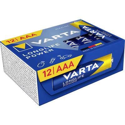 'VARTA Longlife Power' AAABatterien, 12er-Pack. Verpackung zeigt Anwendungen: Spielzeug, Taschenlampe, Fernbedienung.