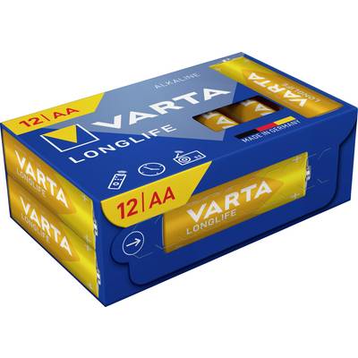 Packung mit zwölf Varta AA-Alkaline-Batterien, gelb und blau, beschriftet mit 'LONGLIFE', hergestellt in Deutschland.