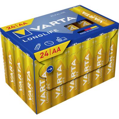 Batteriepackung VARTA Longlife, 24 AA Alkaline-Batterien, gelbe Verpackung mit blauem Deckel, 'Made in Germany' Hinweis.