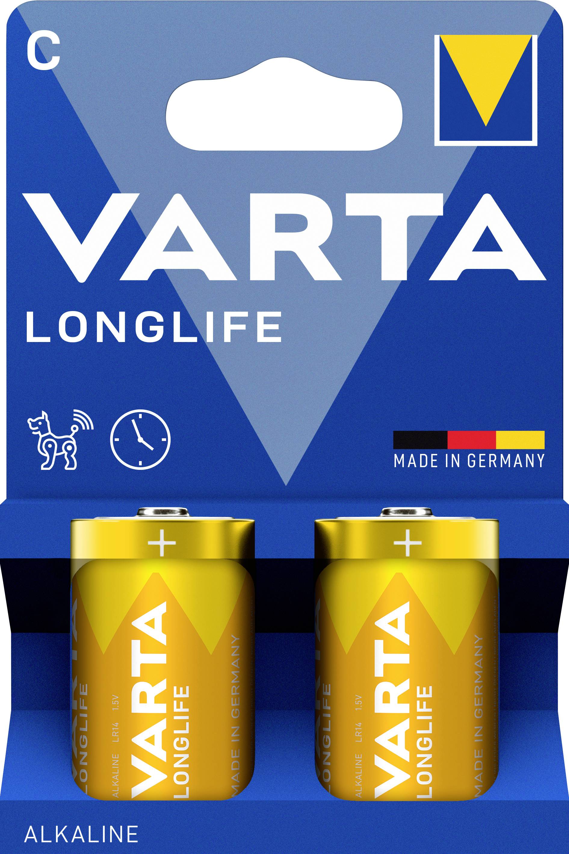 Zwei Varta Longlife Alkaline-Batterien der Größe C in gelber Verpackung. Text auf der Packung: 'Langlebig' und 'Made in Germany'.