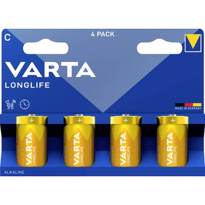 Vier gelbe 'VARTA Longlife' C-Batterien in einer blauen Verpackung mit Aufschrift 'Made in Germany'.
