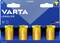 Vier gelbe 'VARTA Longlife' C-Batterien in einer blauen Verpackung mit Aufschrift 'Made in Germany'.