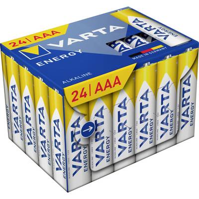 Eine Verpackung mit 24 AAA Alkaline-Batterien der Marke Varta Energy.