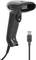 Ein schwarzer kabelgebundener Handscanner mit USB-Anschluss, geeignet zum Scannen von Barcodes. Display und Tasten vorne sichtbar.