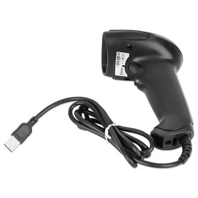 Ein schwarzer Handscanner mit langem USB-Kabel, geeignet zum Scannen von Barcodes und zur Verbindung mit einem Computer.
