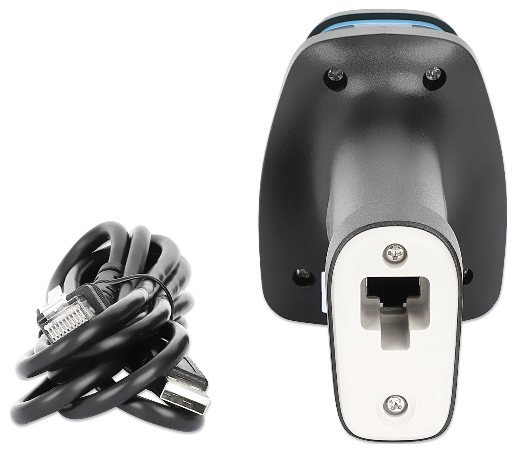 Ein Barcode-Scanner mit einem abnehmbaren Kabel, auf einer weißen Fläche liegend.