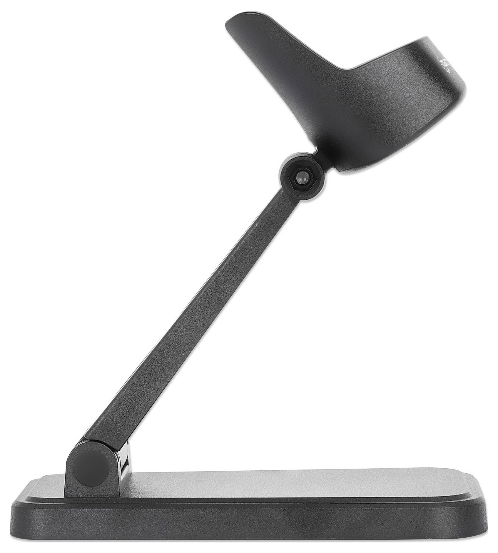 Schwarzer Kopfhörerständer mit moderner, minimalistischer Form. Seitenansicht zeigt die geneigte Halterung aus Metall auf einem rechteckigen Sockel.