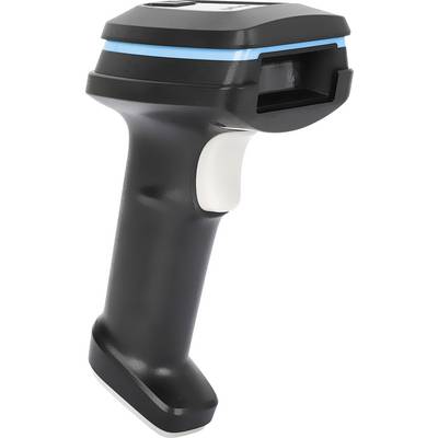 Ein schwarzer Handscanner mit blauem Streifen und weißem Griff, geeignet für das Scannen von Barcodes.
