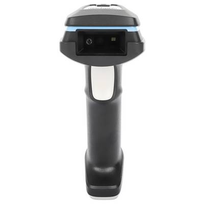 Ein schwarzer Handscanner mit blauem Streifen, frontal fotografiert. Ideal zur Erfassung von Barcodes in Lager- oder Einzelhandelsumgebungen.