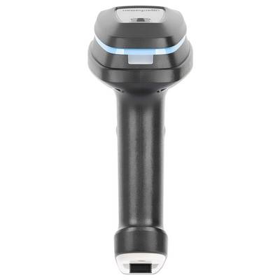 Ein schwarzer, kabelloser Handscanner mit blauer LED-Leiste, verwendet zur Erfassung von Barcodes in Lager- oder Einzelhandelsumgebungen.