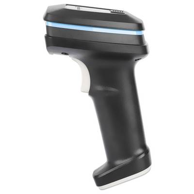Ein schwarzer Handscanner mit blauem Streifen und ergonomischem Griff, geeignet zur Barcodeerfassung in Einzelhandel oder Lager.