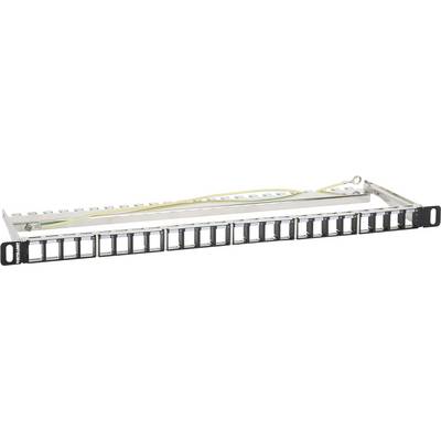 Patchpanel mit 24 leeren Ports, montiert in einem metallischen Rahmen mit Erdungskabel; dient zur Verwaltung von Netzwerkkabeln.