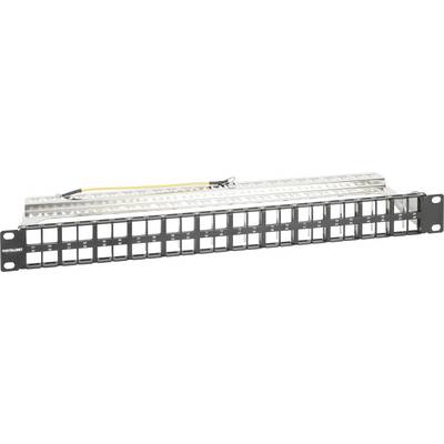 Patchpanel mit 48 Ports in einem Metallrahmen zur Installation in einem Server-Rack, für Netzwerkverbindungen konzipiert.