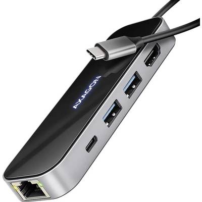 Ein schwarzer Adapter mit mehreren USB- und HDMI-Anschlüssen, verbunden mit einem USB-C-Kabel. Markenname "Hexagon" auf der Oberseite.