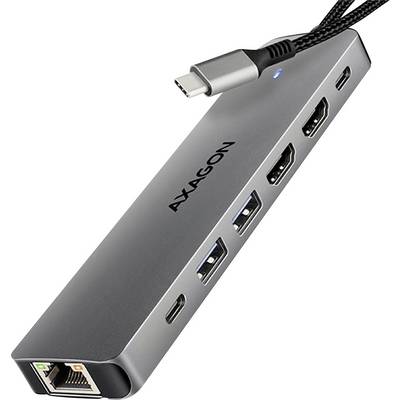 Ein USB-C-Hub mit mehreren Anschlüssen, darunter HDMI, USB-A, und Ethernet, für erweiterte Konnektivität und Datenübertragung.