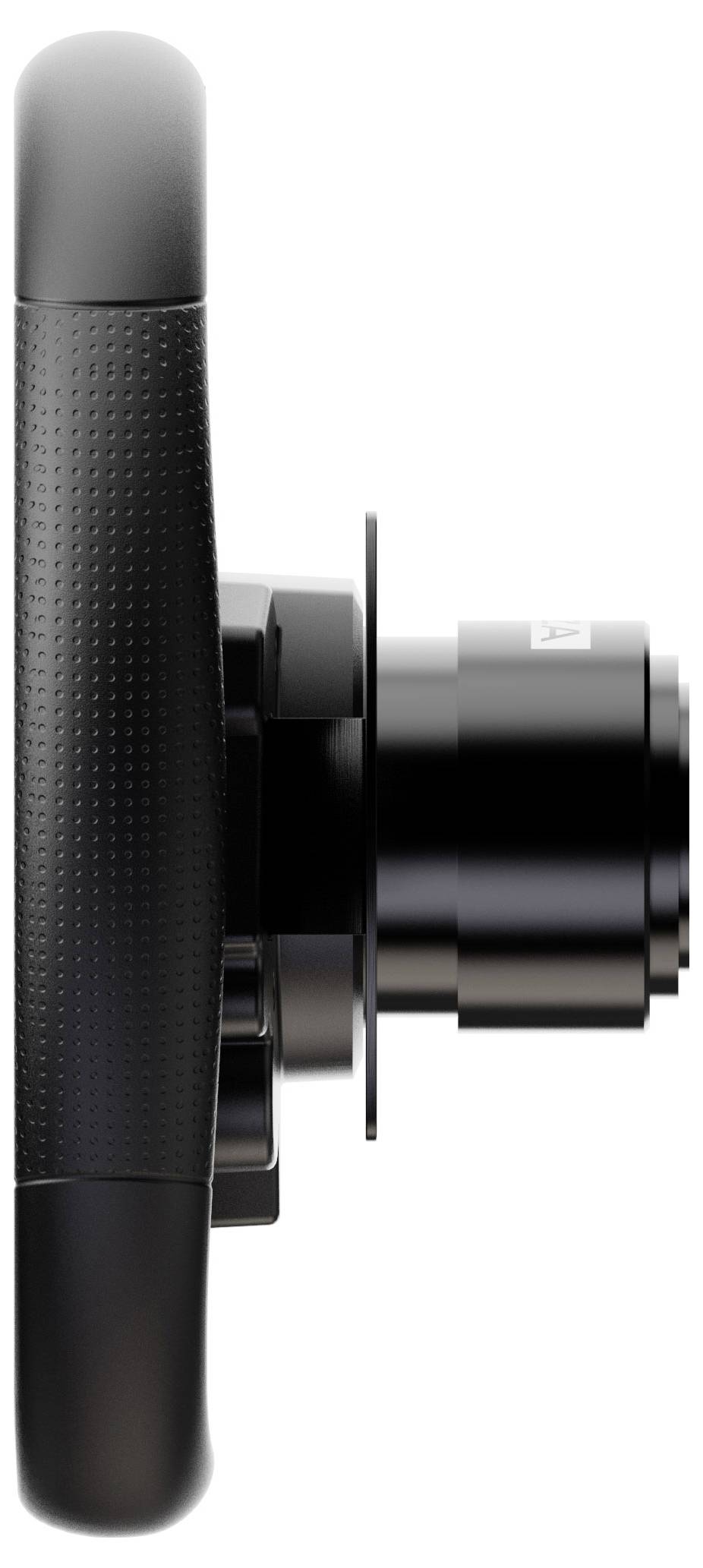 Seitenansicht eines schwarzen Gaming-Lenkrads mit glatter Textur und Schaltwelle an der Rückseite, Fokus auf ergonomisches Design.