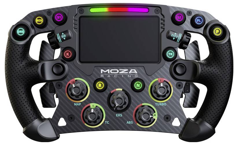 Ein schwarzes Racing-Lenkrad mit zahlreichen bunten Tasten und Drehknöpfen, darunter ein digitales Display in der Mitte.