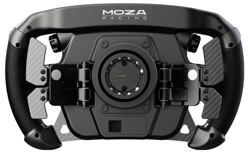 Lenkrad für Sim-Racing von Moza Racing, in Schwarz mit Carbon-Elementen, ohne sichtbare Tasten oder Knöpfe.