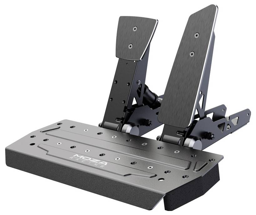 Schwarz-silberne Pedaleinheit aus Metall mit zwei Pedalen, die gemeinsam mit der MOZA R16 verwendet wird. PhysiKaJust-Bezeichnung sichtbar.