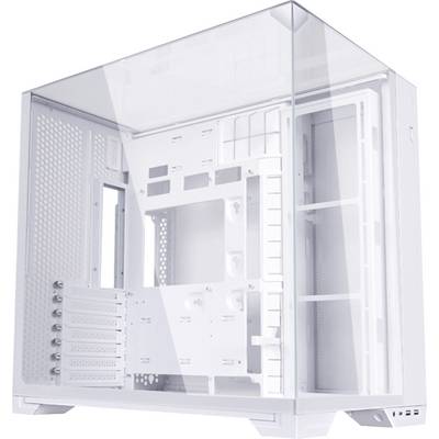 Ein weißes, transparentes Computergehäuse mit mehreren Innenfächern und Halterungen für Hardwarekomponenten.