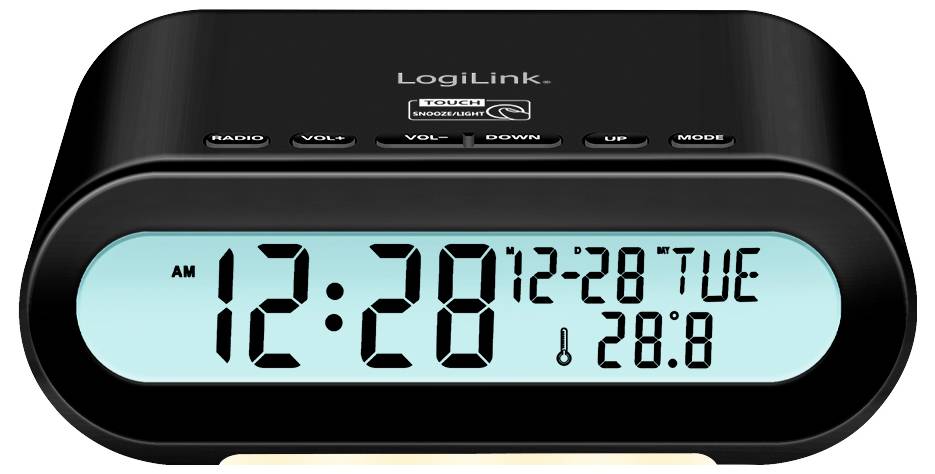 Digitaler Wecker mit großem Display zeigt '12:28', Temperaturanzeige '28,8°C', Datum und Wochentag.