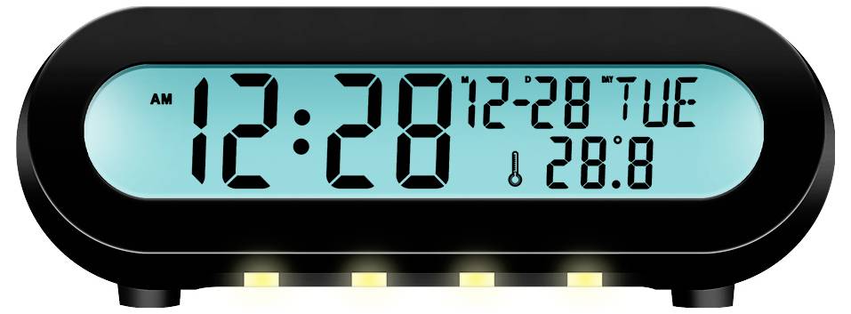 Digitaler Wecker zeigt '12:28 AM', Datum '12-28 TUE' und Temperatur '28.8'.