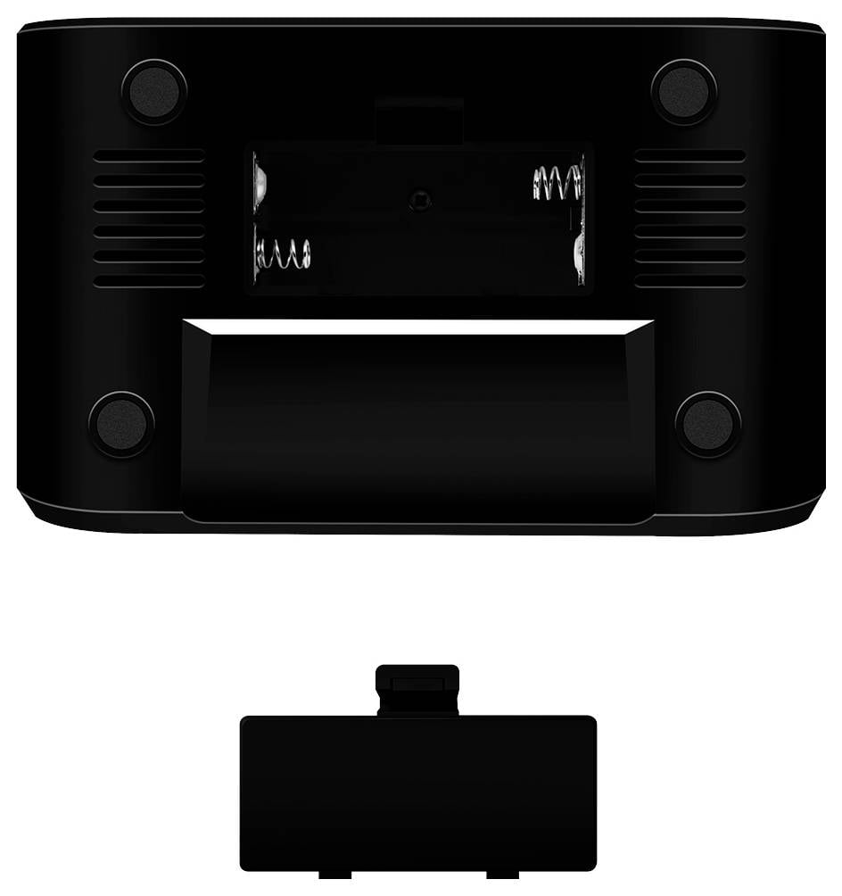 Ein schwarzes elektronisches Gerät mit Batteriefach oben, vier Gummifüßen und einem sichtbaren Schaltmodul darunter.