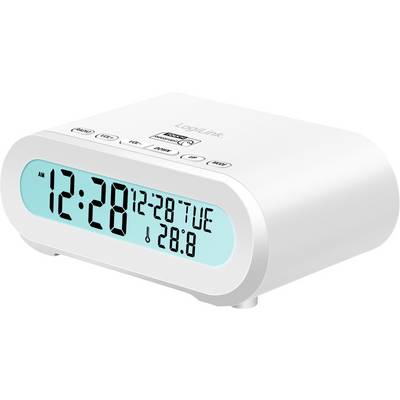 Digitaler Wecker mit blau beleuchtetem Display zeigt '12:28', Datum '12-28 TUE' und Temperatur '28.8°C'. Weiße Oberfläche.