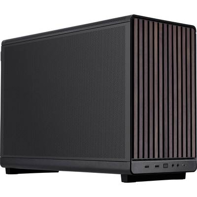 Ein schwarzer Computergehäuse, rechteckig mit Holzfront und seitlichem Lüftungsgitter, enthält USB-Anschlüsse und Lüftungsöffnungen.