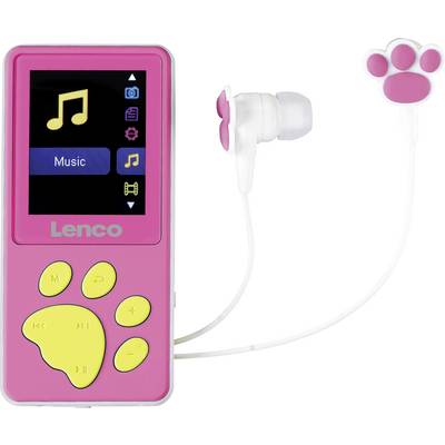 Ein pinker MP3-Player mit gelben Tasten in Pfotenform. Auf dem Bildschirm ist das Musikmenü zu sehen. Weiße Ohrhörer mit pinkem Motiv.