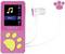 Ein pinker MP3-Player mit gelben Tasten in Pfotenform. Auf dem Bildschirm ist das Musikmenü zu sehen. Weiße Ohrhörer mit pinkem Motiv.