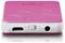 Kleines pinkfarbenes elektronisches Gerät mit USB-Anschluss, Kopfhörerbuchse und Ein/Aus-Schalter, auf einer reflektierenden Oberfläche.