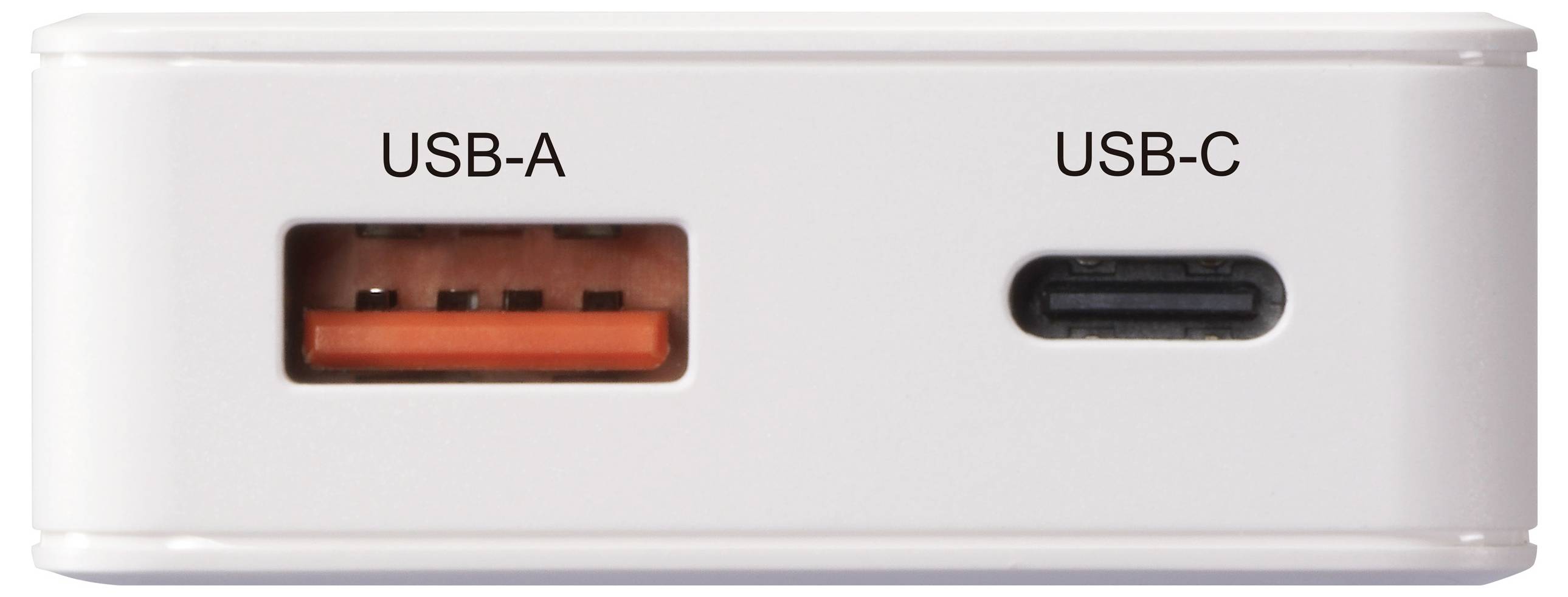 Ein weißes Gerät mit zwei Anschlüssen: ein USB-A-Anschluss mit orangefarbenem Innenbereich und ein USB-C-Anschluss, beide über den Anschlüssen beschriftet.