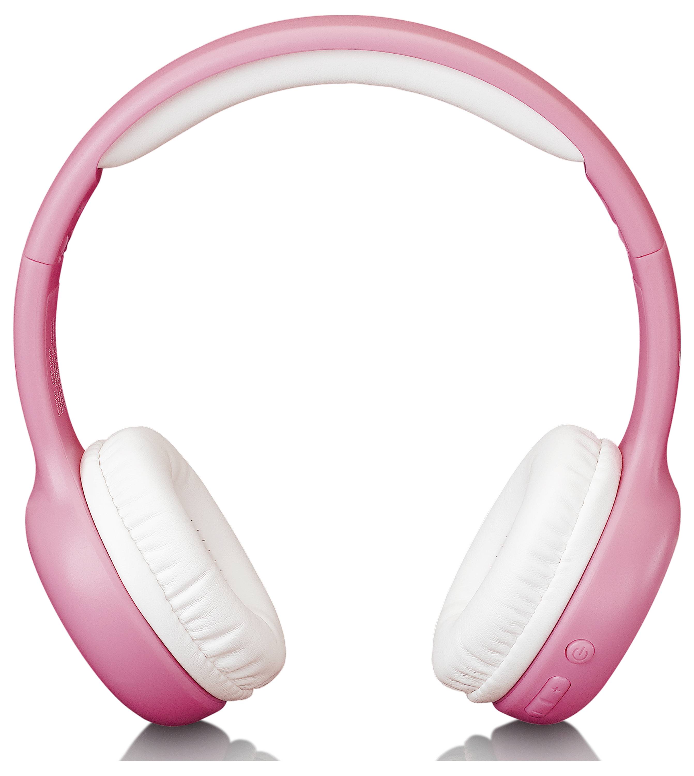 Rosa und weiße Over-Ear-Kopfhörer mit gepolsterten Ohrmuscheln und Stirnband, geeignet für Musikhören oder Anrufe.