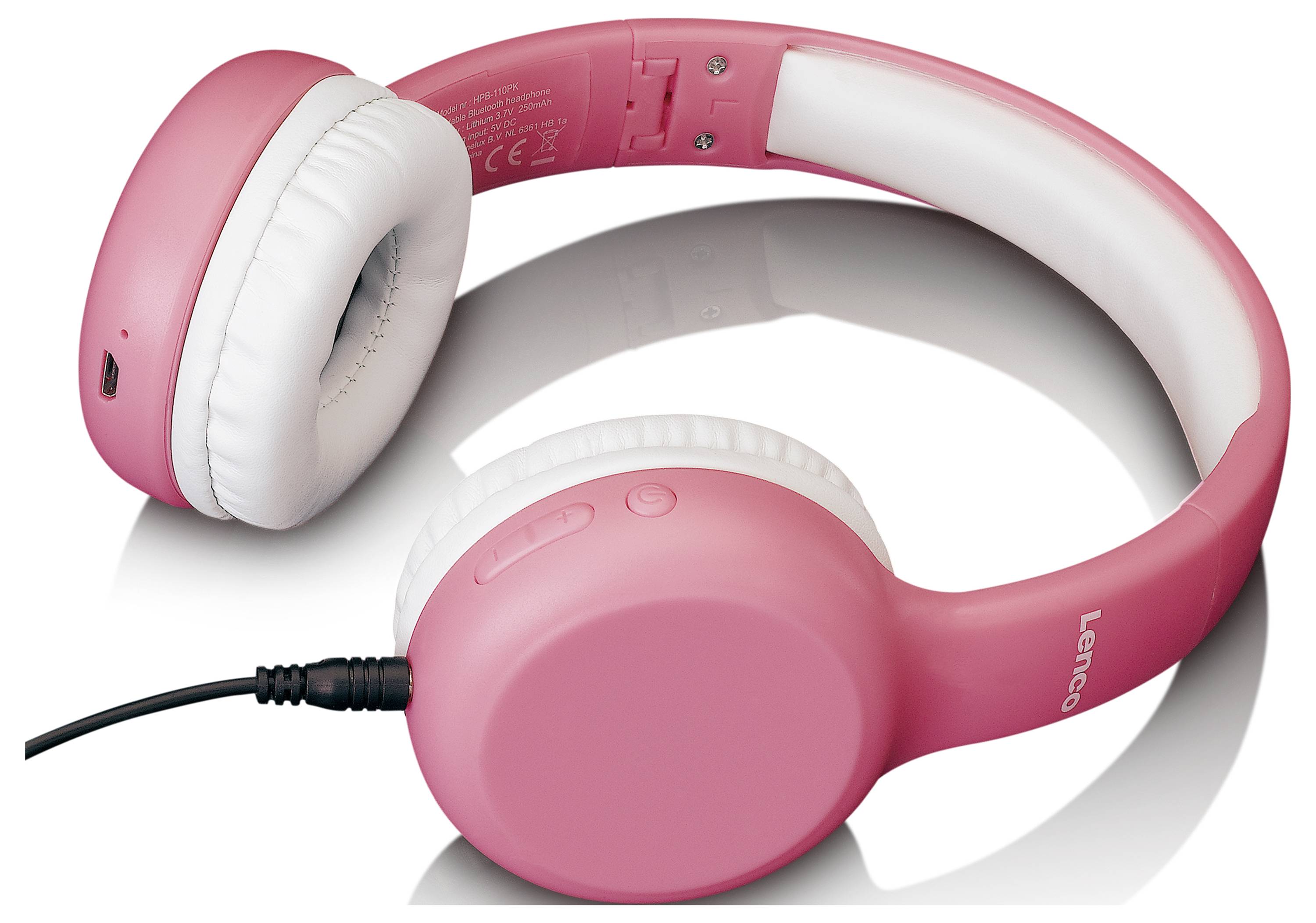Rosa, kabelgebundene Over-Ear-Kopfhörer mit weißem Innenpolster. Das Kabel ist auf einer Seite angeschlossen.