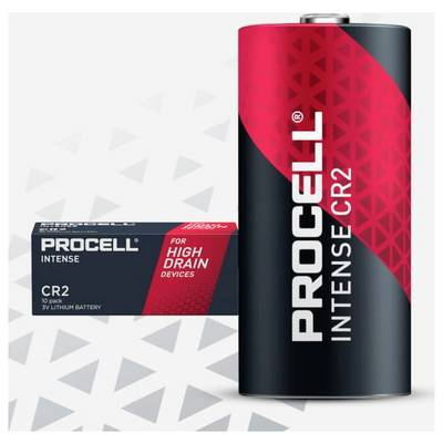 'Procell Intense CR2' Batterie und Verpackung auf einem grauen, dreieckigen Hintergrund. Batterien für Geräte mit hohem Energieverbrauch.