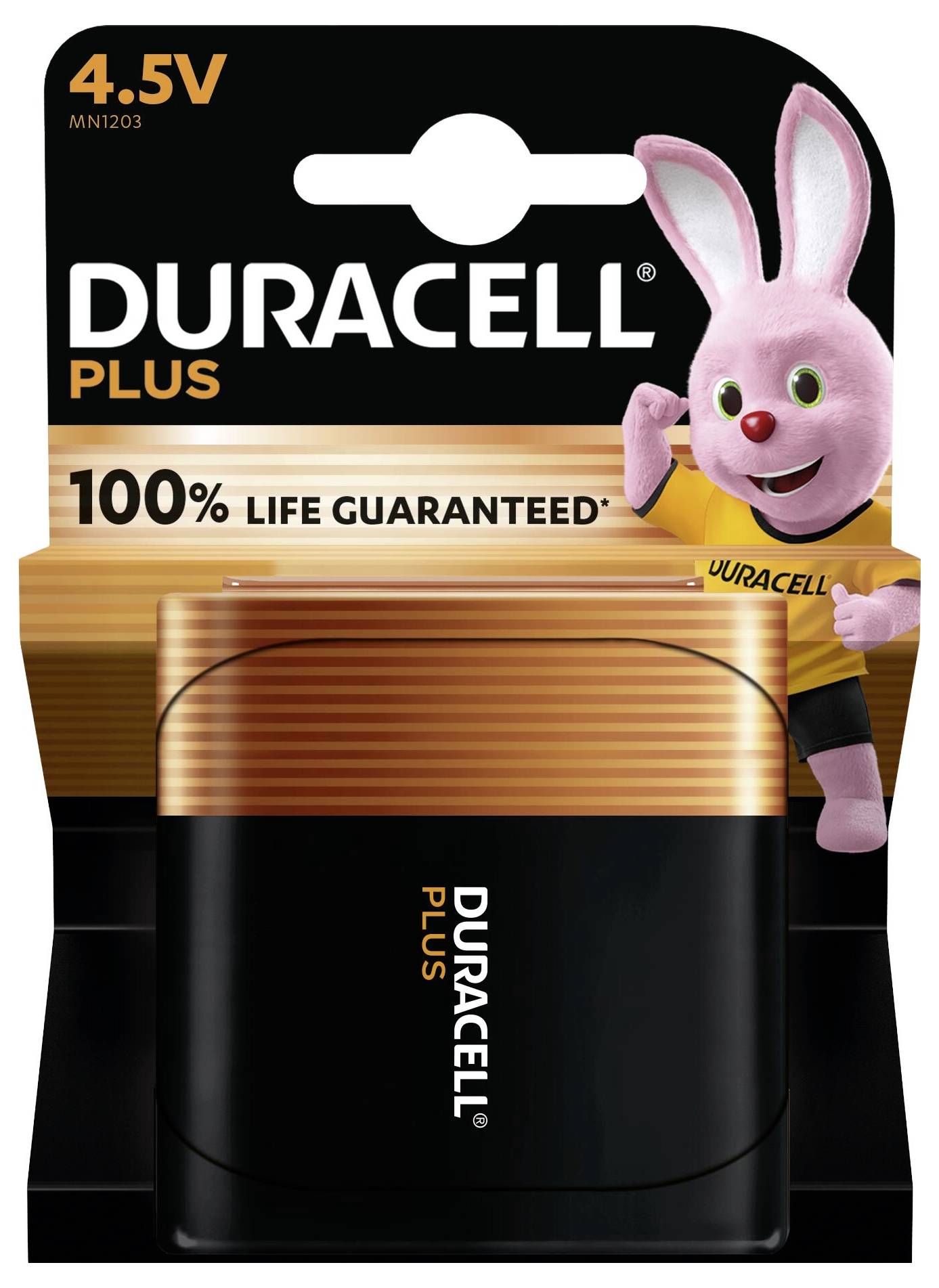 Ein Duracell 4,5-V-Batterie-Paket mit dem Duracell-Häschen, mit dem Text „100% Lebensdauer garantiert", das die Energiezuverlässigkeit unterstreicht.