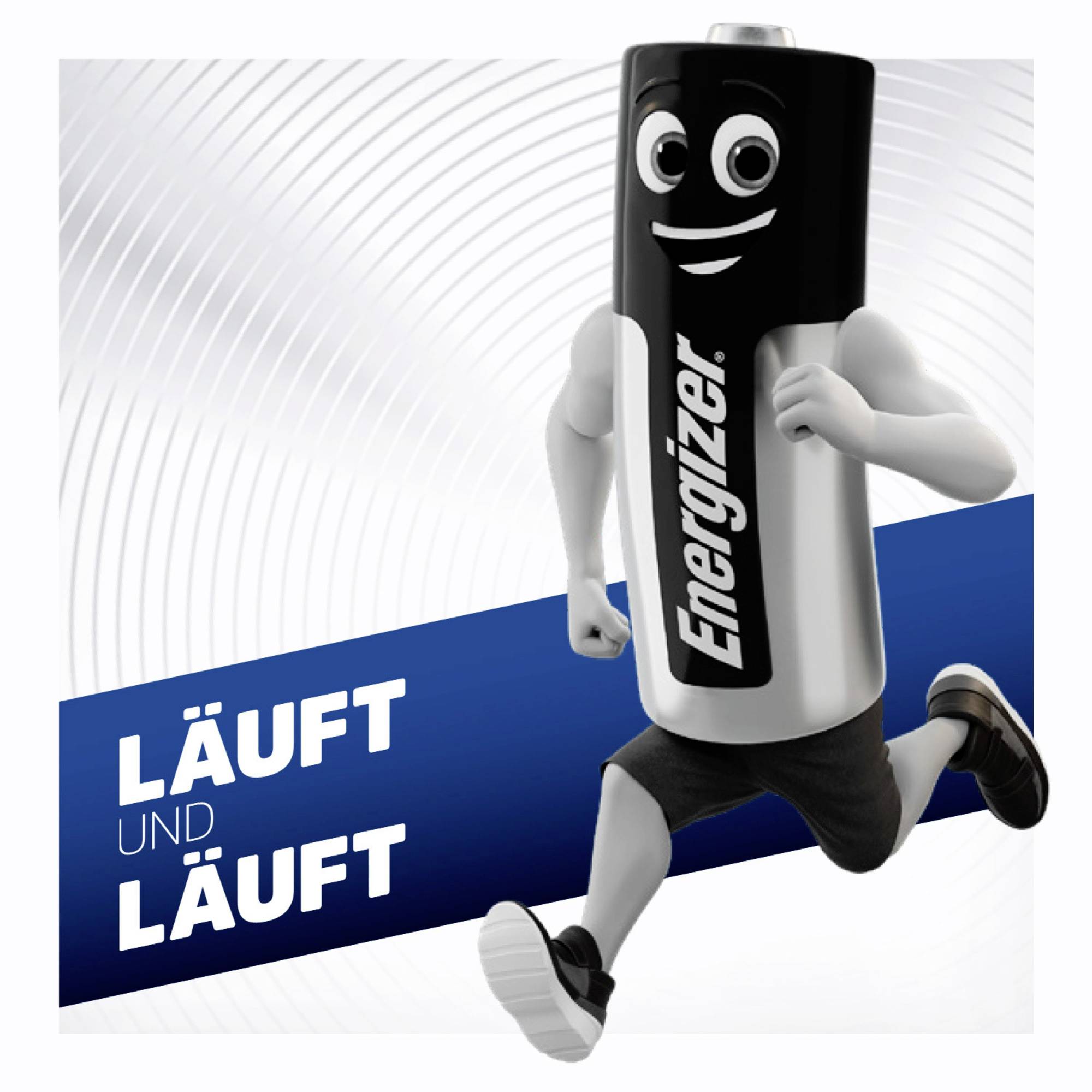 Eine laufende Cartoon-Batterie mit Gesicht trägt das Logo 'Energizer'. Links steht der Text: 'LÄUFT UND LÄUFT'.