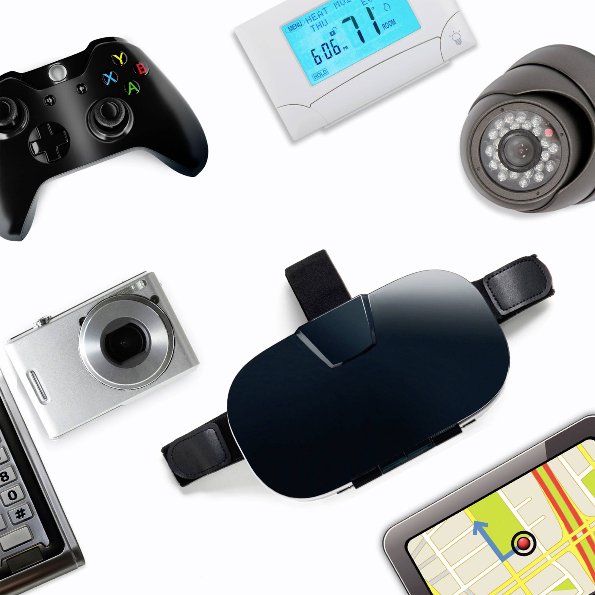 Verschiedene Technologien, einschließlich Spielecontroller, Thermostat, Überwachungskamera, Digitalkamera, VR-Headset, GPS-Karte.