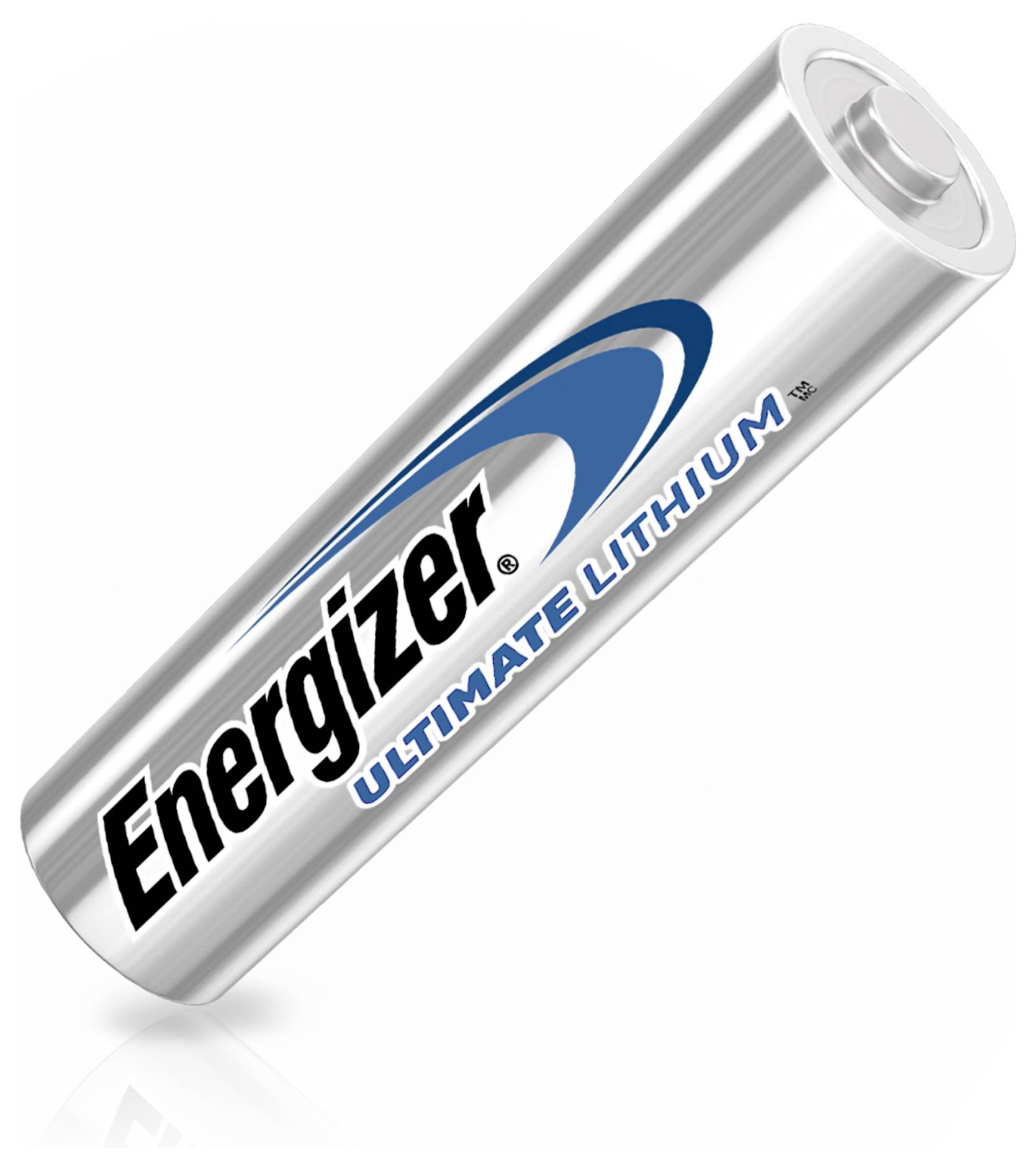 Eine silberne 'Energizer Ultimate Lithium'-Batterie in zylindrischer Form, mit einem blauen und schwarzen Logo seitlich.