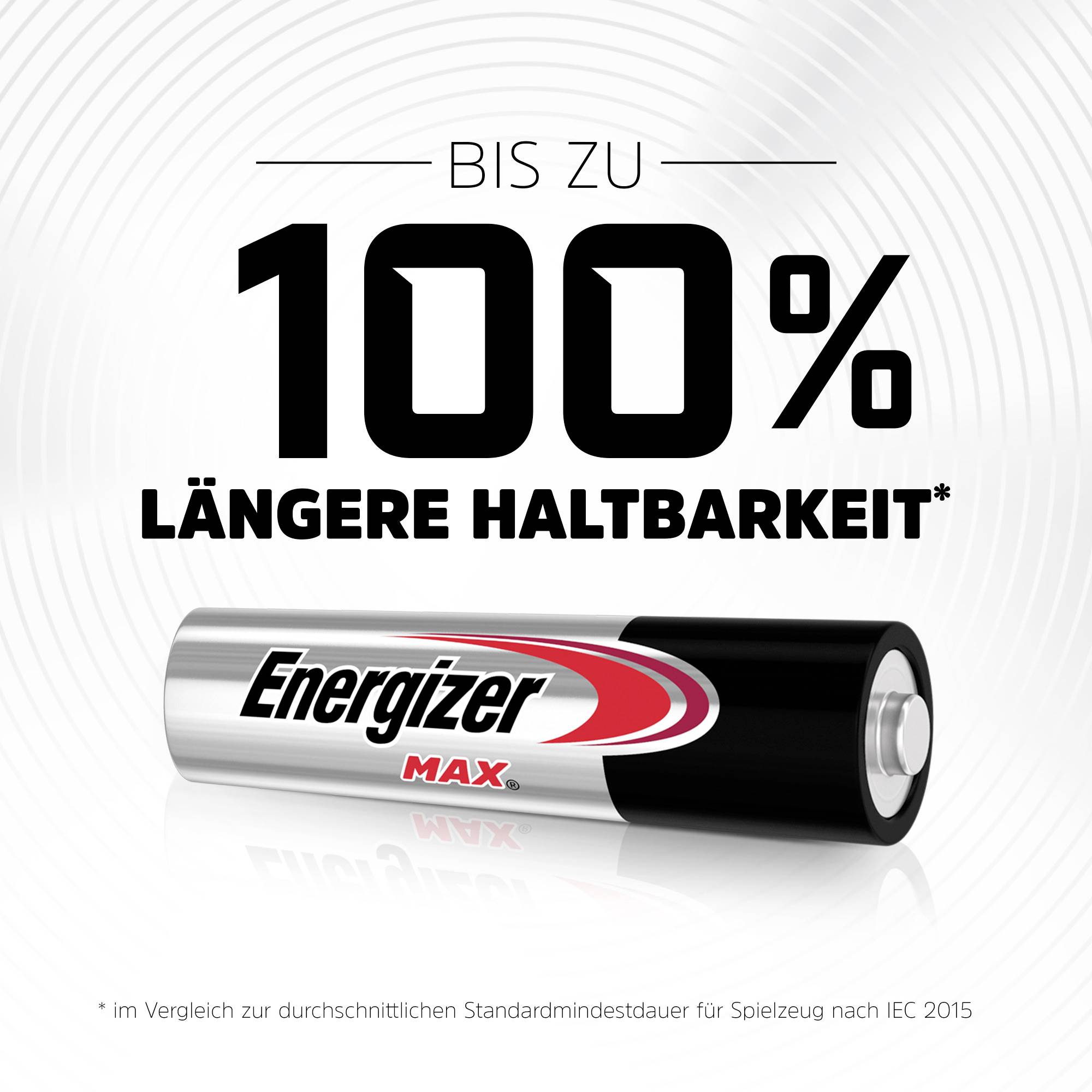 'Bis zu 100% längere Haltbarkeit' steht über einer Batterie mit dem Text 'Energizer Max'. Hinweis: im Vergleich zu Standardbatterien.