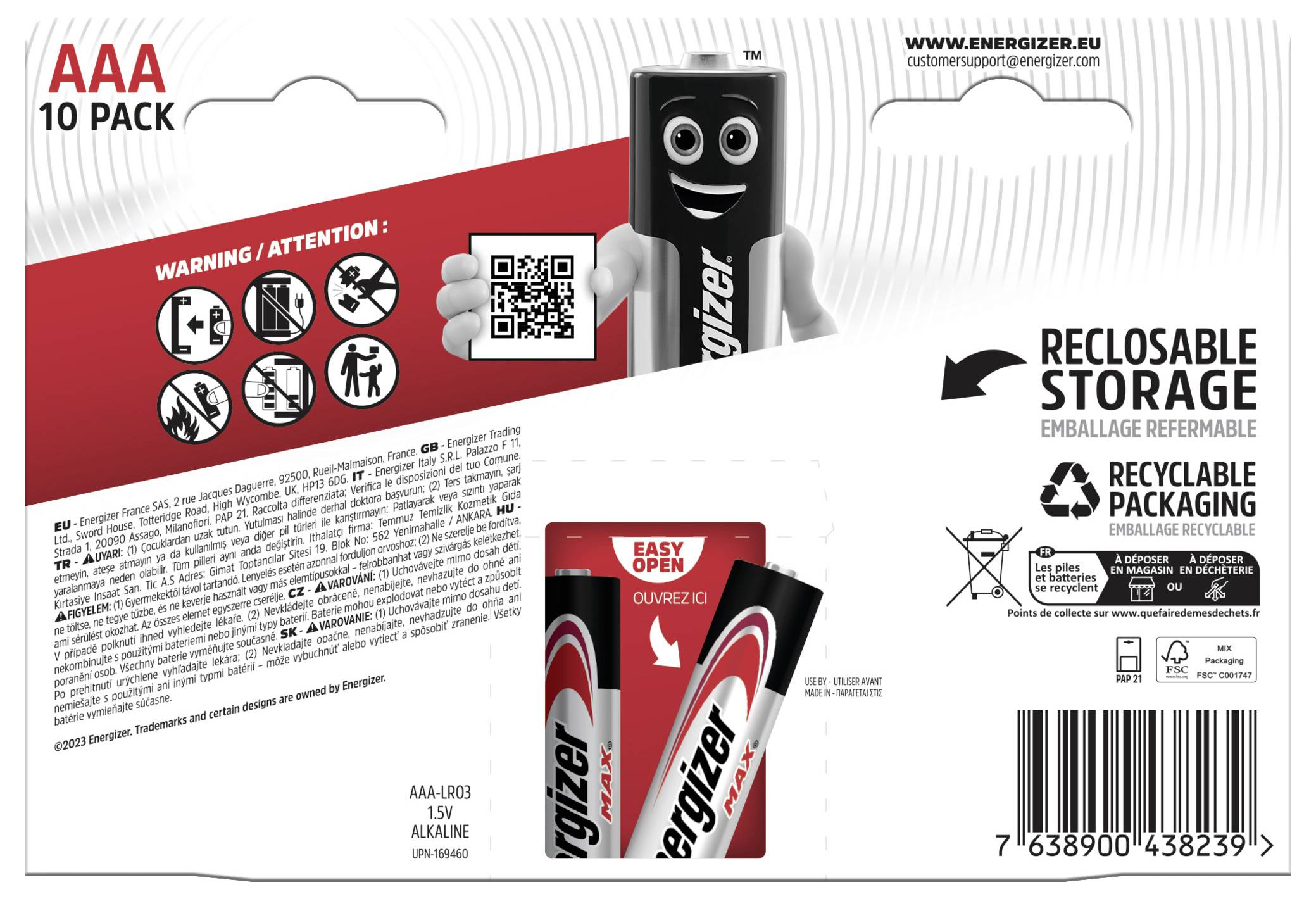'AAA 10 Pack' mit 10 AAA-Batterien. Hinweis zur wiederverwendbaren Verpackung. Grafiken zeigen Sicherheitsvorkehrungen.