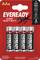 Vier AA-Batterien mit der Aufschrift 'Eveready Super Heavy Duty' in einer Blisterverpackung. Verpackung betont Zuverlässigkeit und Lagerdauer.