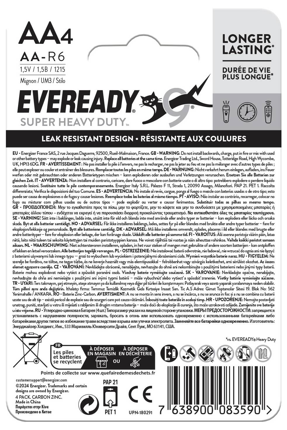 'AA4 Eveready Super Heavy Duty'-Batterie-Verpackung. Enthält Informationen zu Spannung (1,5V), längerer Lebensdauer und Sicherheitshinweisen.