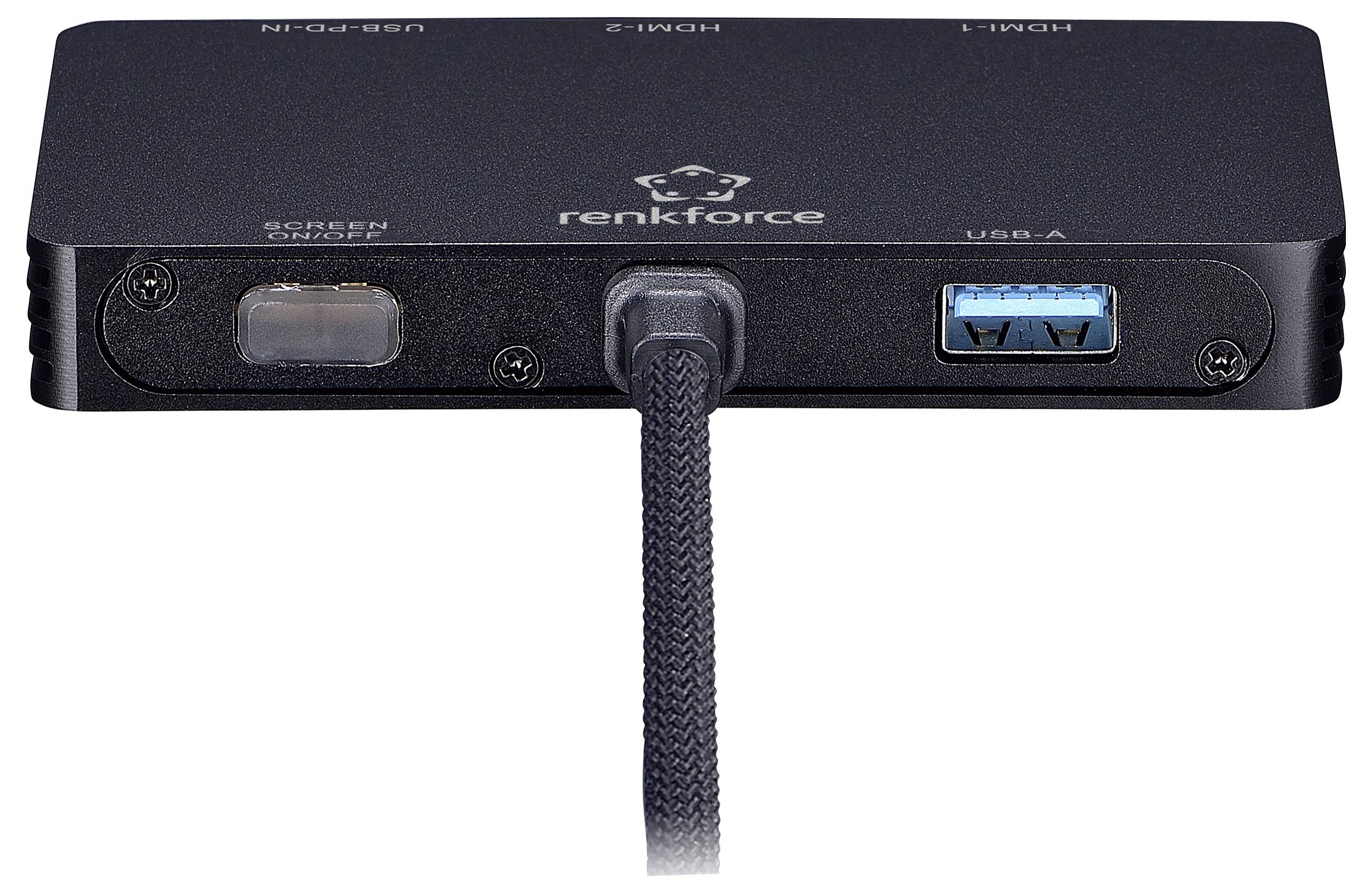 Ein schwarzer Renkforce HDMI-Switch mit Anschlüssen für 'Screen Capture', 'HDMI 1', 'HDMI 2' und 'USB-A', ausgestattet mit einem geflochtenen Verbindungskabel.