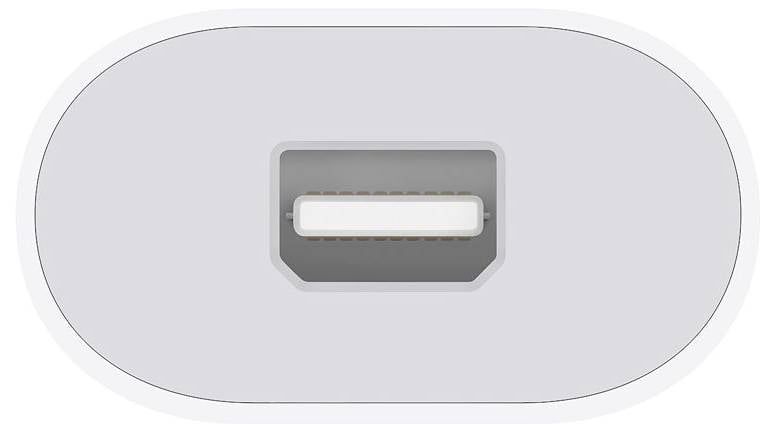 Ein ovaler Anschluss, vermutlich USB-C, von oben betrachtet, mit grauem Rand und einem rechteckigen, weißen Innenbereich.